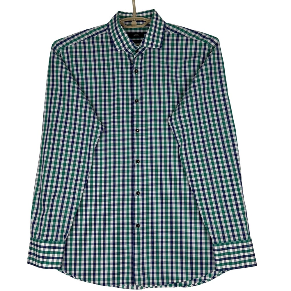 Hugo Boss Shirt Mens 17 (43) Regular Fit Gorman Gingham Check Green Blue L/S